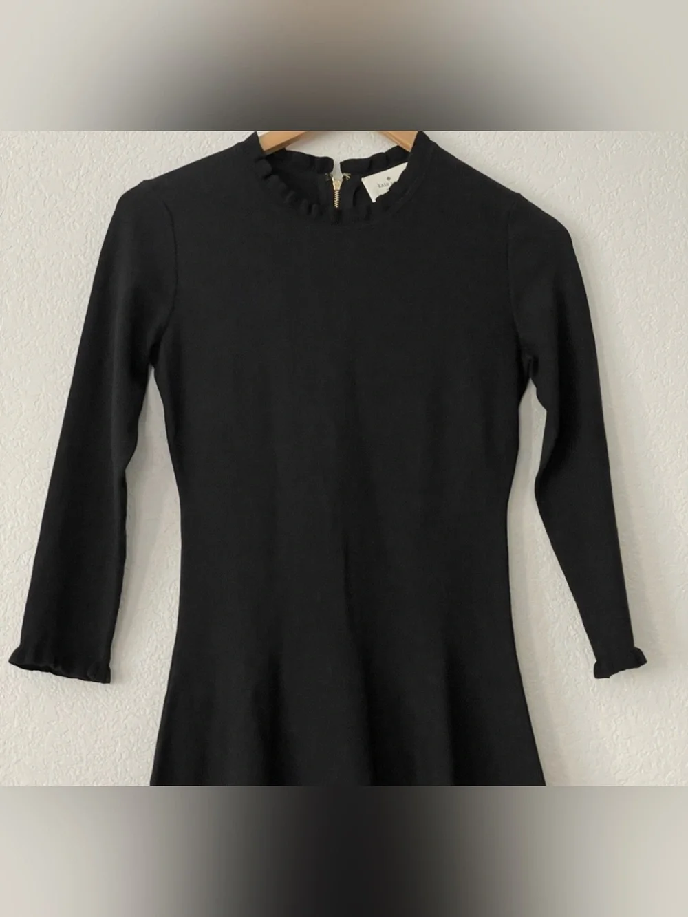 Kate Spade Sweater Knit Pointelle Dress Ruffle Neck Sleeves Fit & Flare Academia